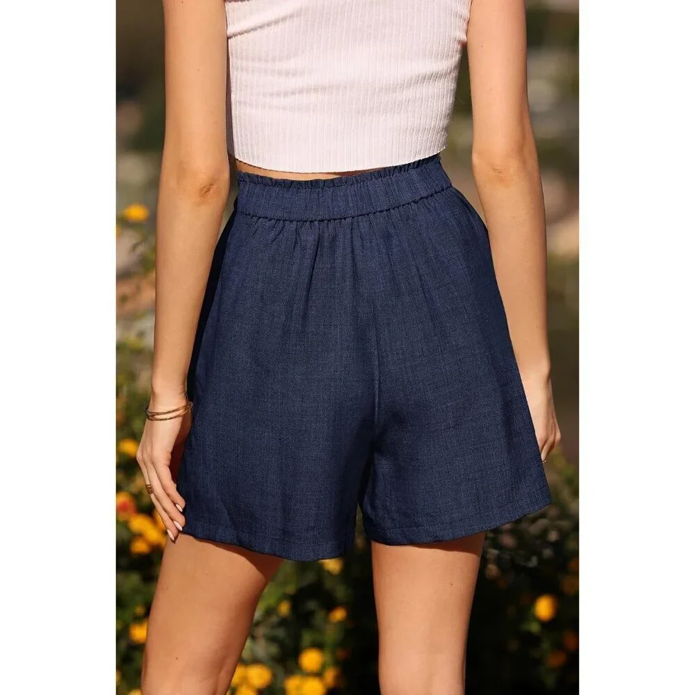 Women's Navy Wide Leg Summer High Waisted Tailored Pleated Business Shorts